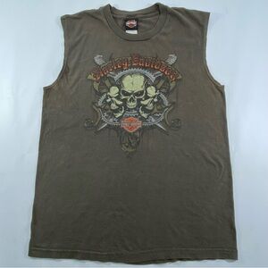 Harley-Davidson Skull Front & motorcycle Back Graphic Brown Tank Top Men’s L